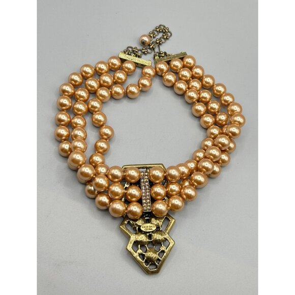 Heidi Daus Champagne Pearls Triple Strand Necklace Large Crystals Pave Pendant - Picture 6 of 8